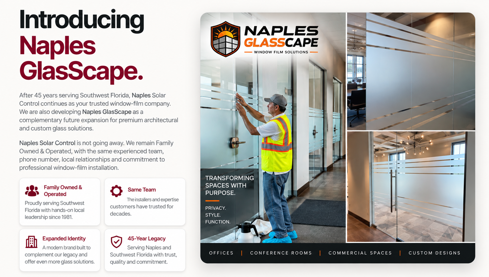 Office privacy film installation and finished glass at First Tee Naples